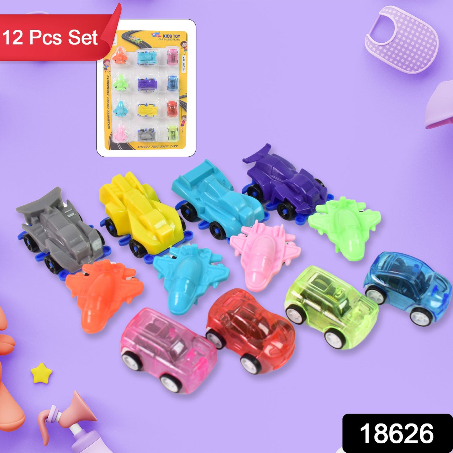 Mini Pull Back Car Aeroplane Plastic Pull Back Car Cartoon Toys (12 Pcs Set)