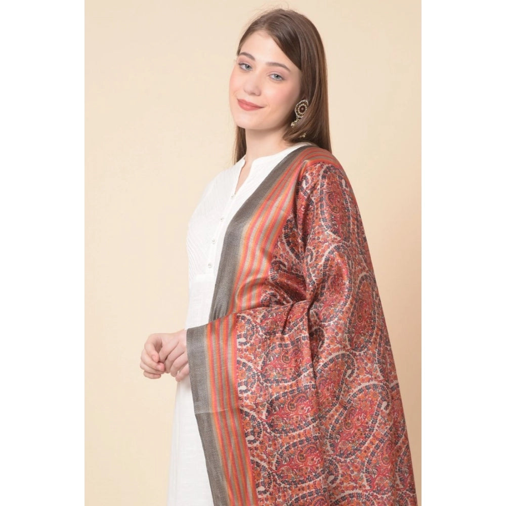 Generic Women's Art Silk Printed Dupatta (Orange, Length: 2.25 to 2.50 Mtr)