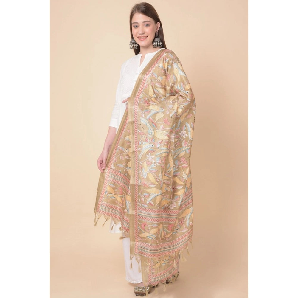 Generic Women's Art Silk Printed Dupatta (Light Brown, Length: 2.25 to 2.50 Mtr)