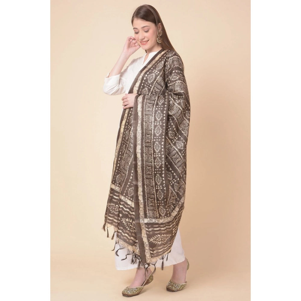Generic Women's Art Silk Printed Dupatta (Brown, Length: 2.25 to 2.50 Mtr)