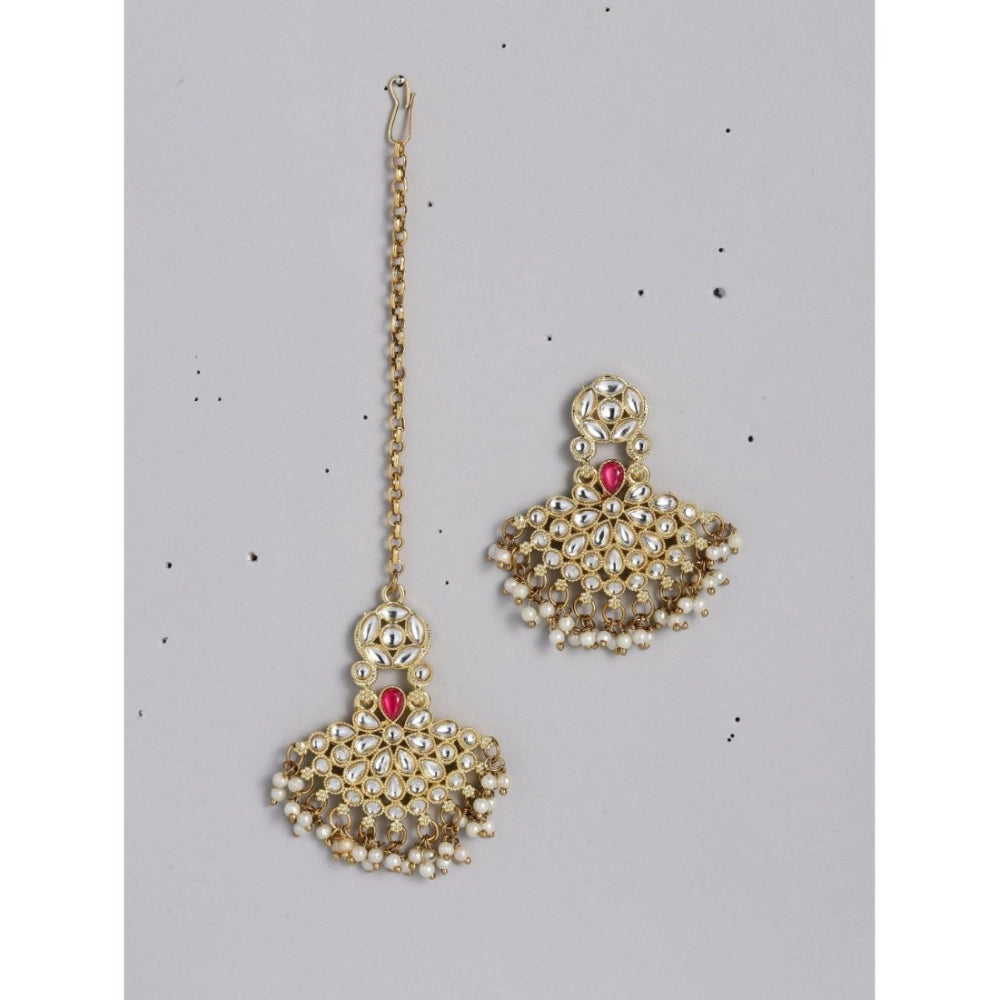 Generic Women's Rose Gold Plated Alloy Kundan Earrings & Mangtikka (White)