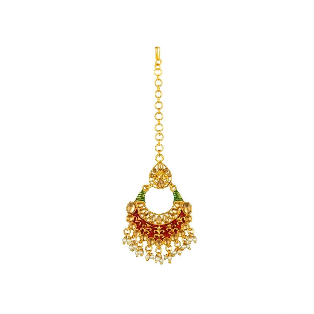 Generic Women's Rose Gold Plated Alloy Kundan Earrings & Mangtikka (Red & Green)
