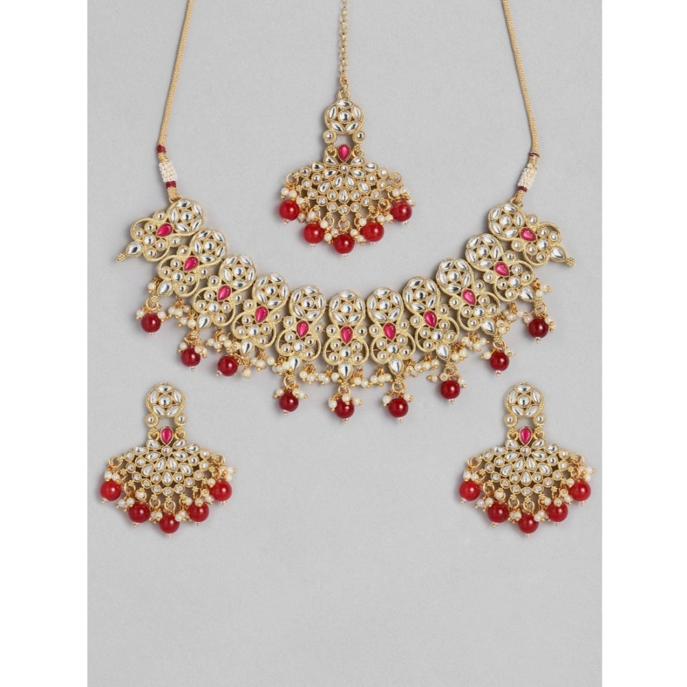 Generic Women's Rose Gold Plated Alloy Necklace & Earings Set (Red)