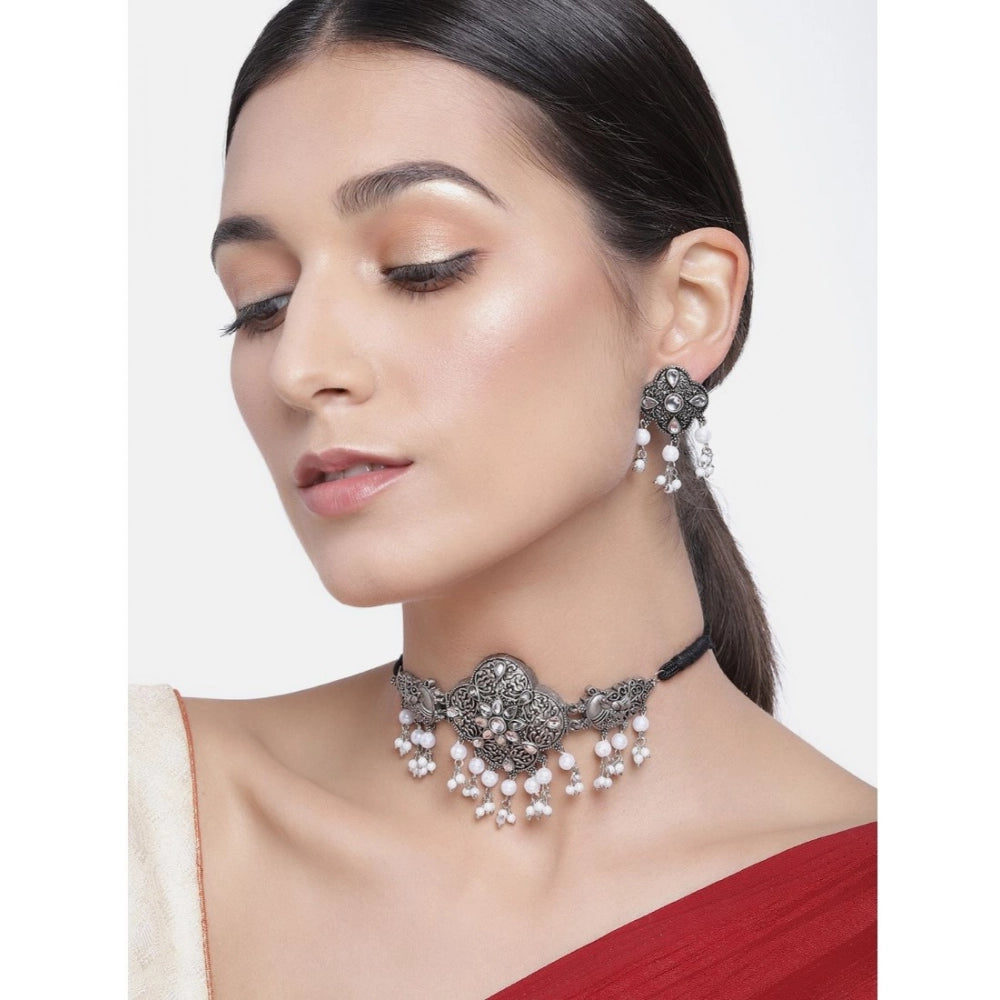 Generic Women's Rose Gold Plated Alloy Necklace & Earings Set (Silver & White)