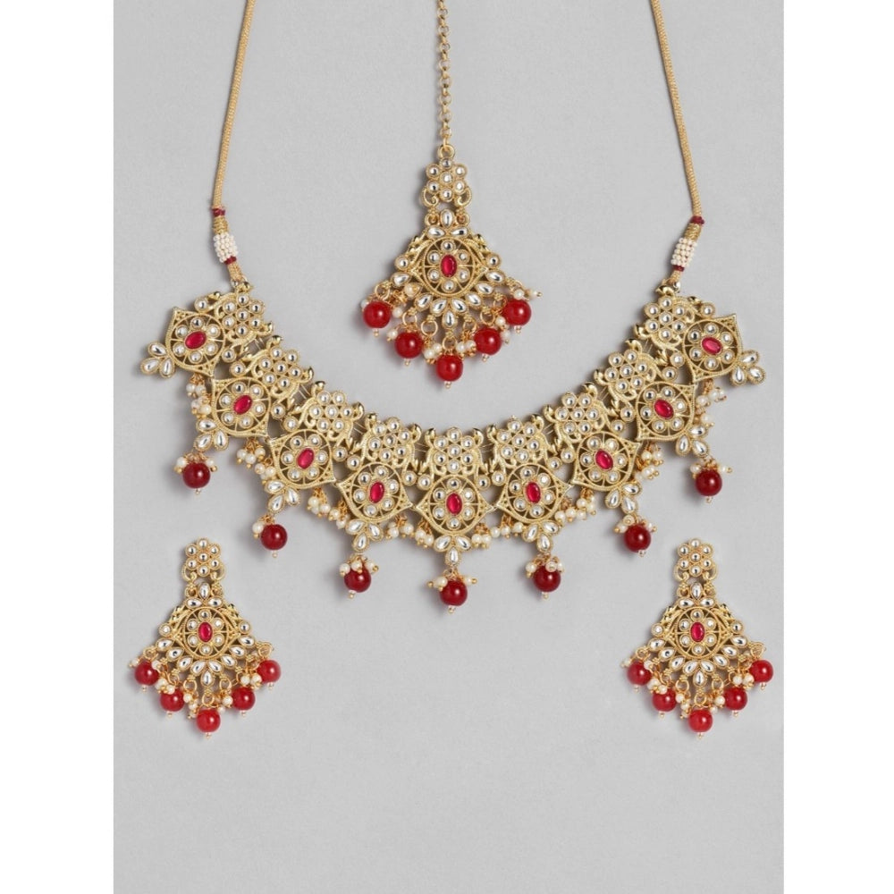Generic Women's Rose Gold Plated Alloy Necklace & Earings Set (Red)