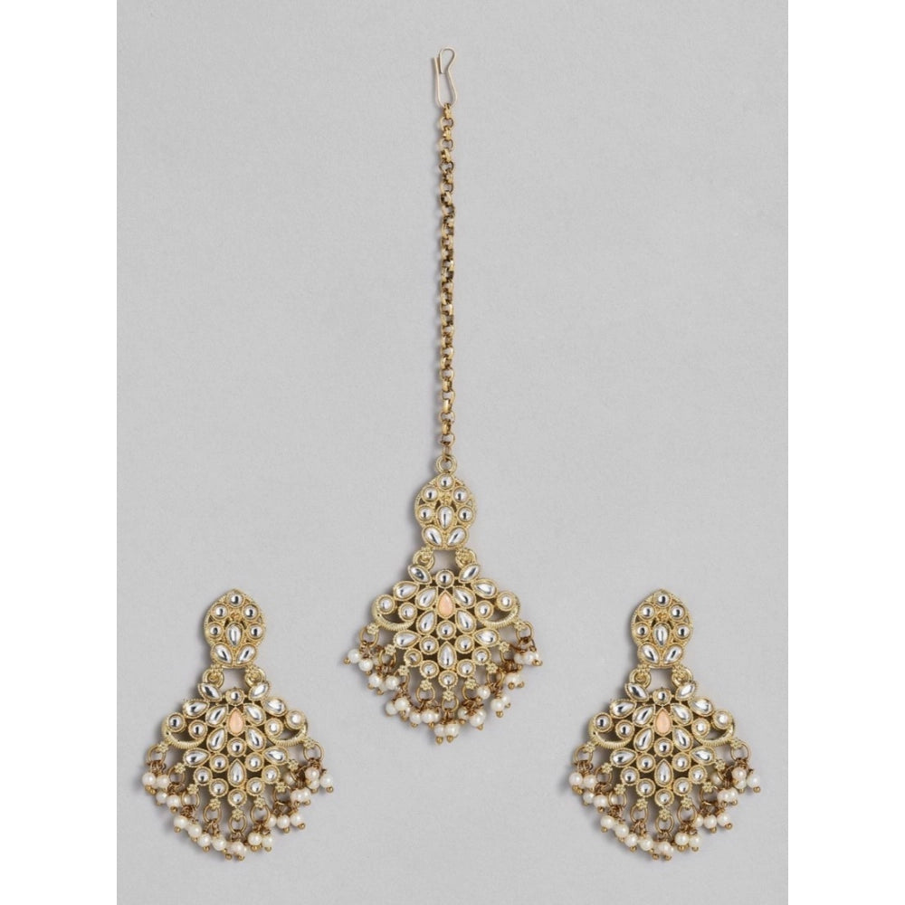 Generic Women's Rose Gold Plated Alloy Kundan Earrings & Mangtikka (White)
