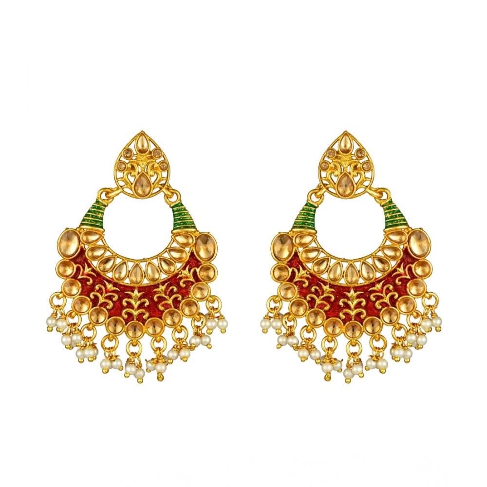 Generic Women's Rose Gold Plated Alloy Kundan Earrings & Mangtikka (Red & Green)