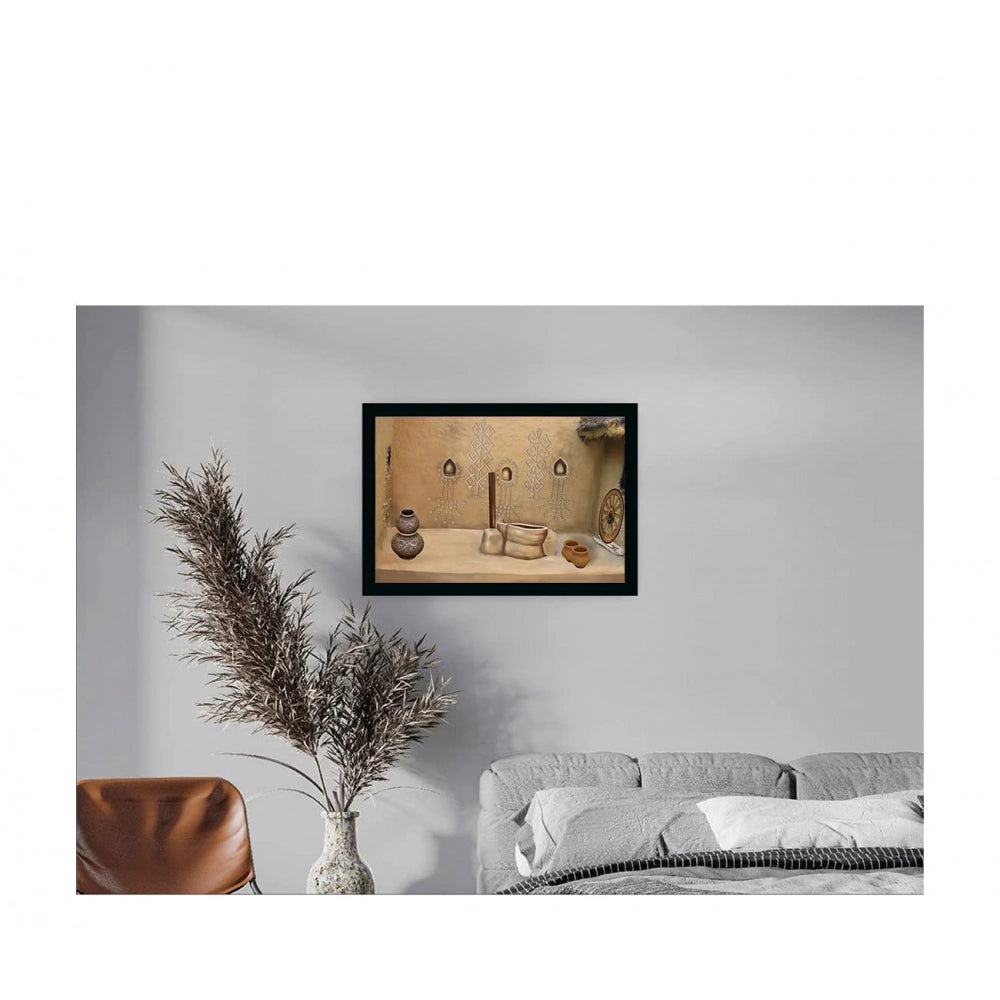 Generic Rajasthani Village Modern Art Painting with Synthetic Photo Frame (Multicolor)