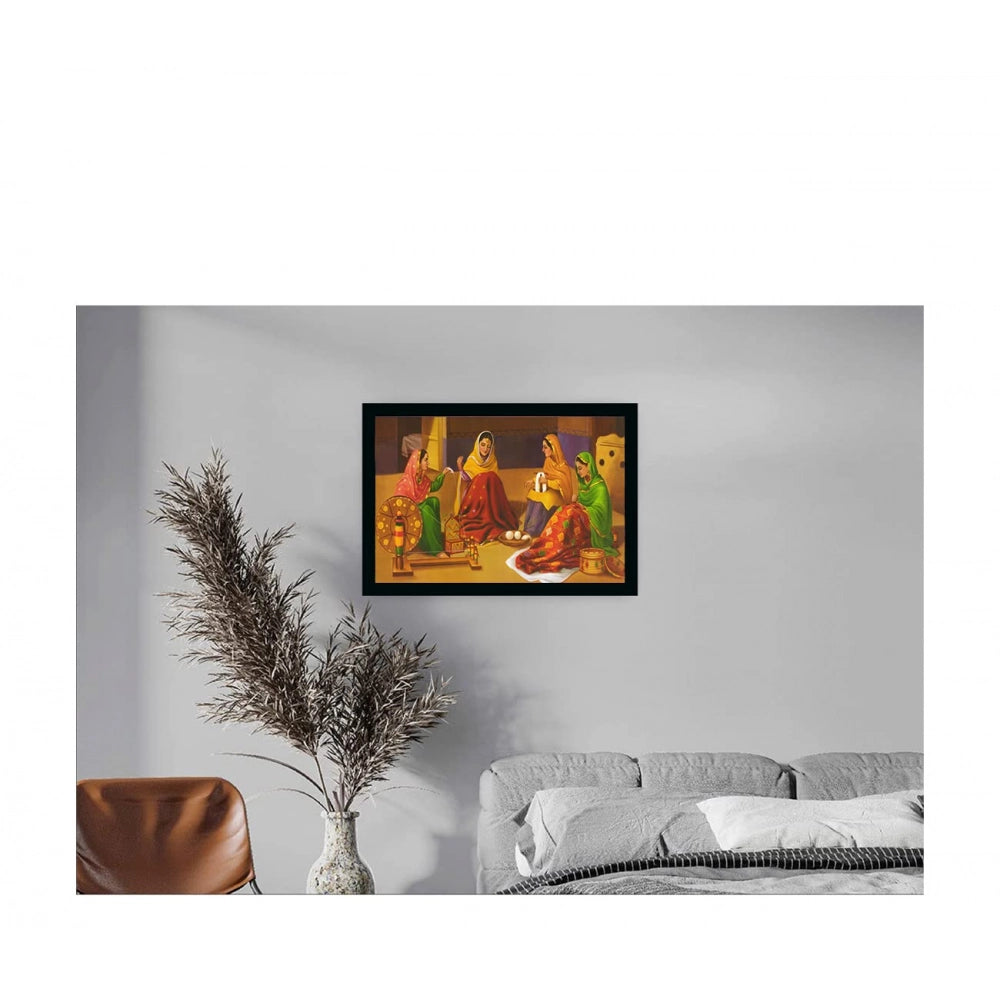 Generic Rajasthani Village Modern Art Painting with Synthetic Photo Frame (Multicolor)