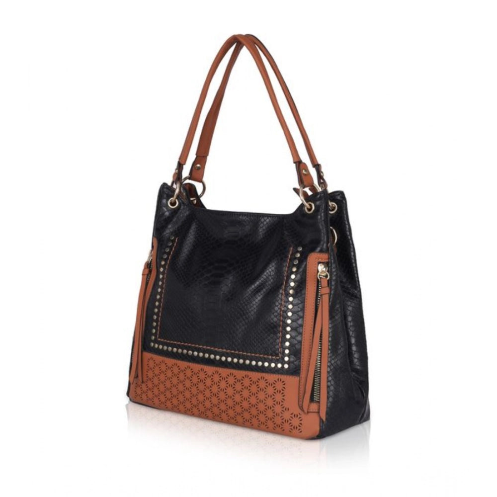 Generic Women's Faux Leather Textured Tote Bag (Black)