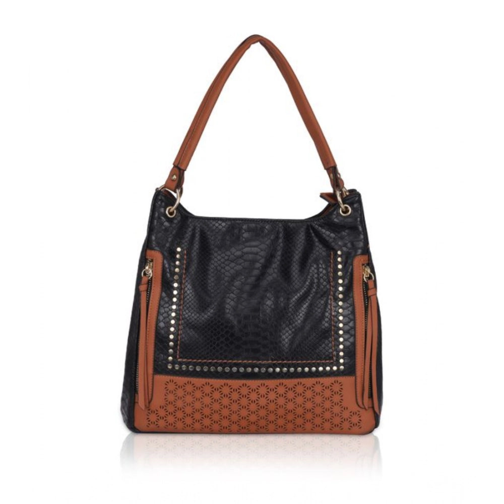 Generic Women's Faux Leather Textured Tote Bag (Black)