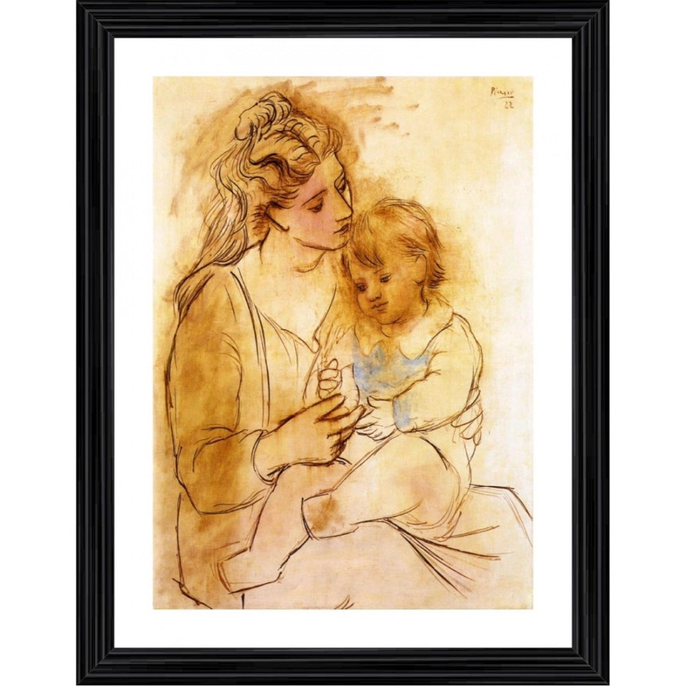 Generic Mother and Child 1922 Painting With Wood Photo Frame (Multicolor)