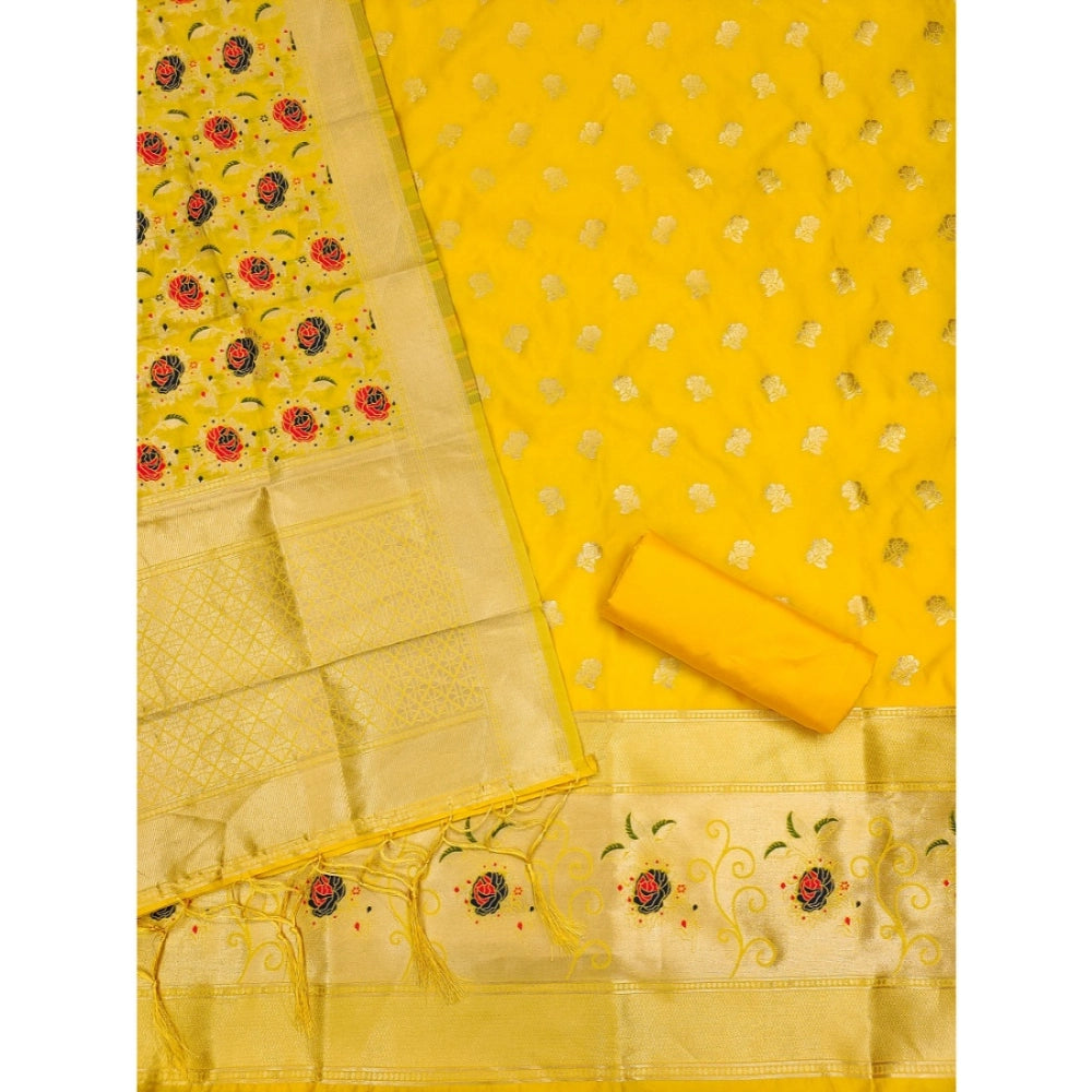 Generic Women's Banarasi Silk Printed Unstitched Salwar Suit Material With Dupatta (Yellow, 3Mtrs)