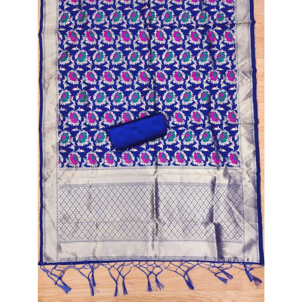 Generic Women's Banarasi Silk Printed Unstitched Salwar Suit Material With Dupatta (Rblue, 3Mtrs)