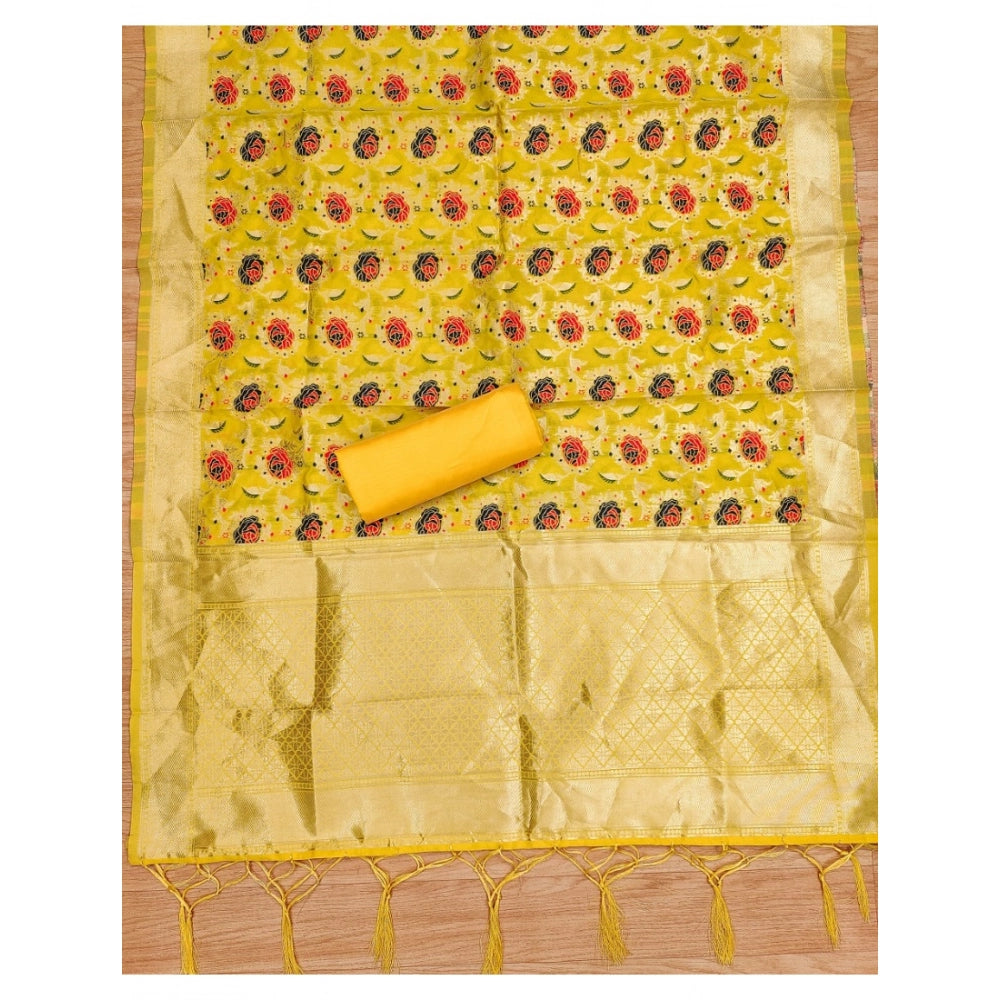 Generic Women's Banarasi Silk Printed Unstitched Salwar Suit Material With Dupatta (Yellow, 3Mtrs)