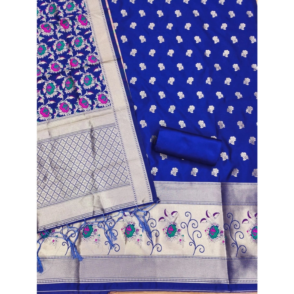 Generic Women's Banarasi Silk Printed Unstitched Salwar Suit Material With Dupatta (Rblue, 3Mtrs)