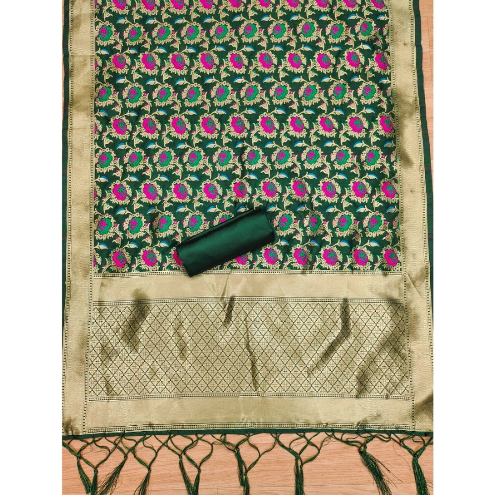 Generic Women's Banarasi Silk Printed Unstitched Salwar Suit Material With Dupatta (Green, 3Mtrs)