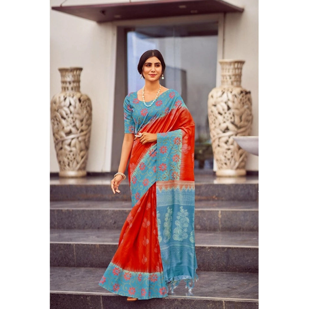 Generic Women's Cotton Blend Printed Saree With Unstitched Blouse (Red, 5-5 Mtrs)