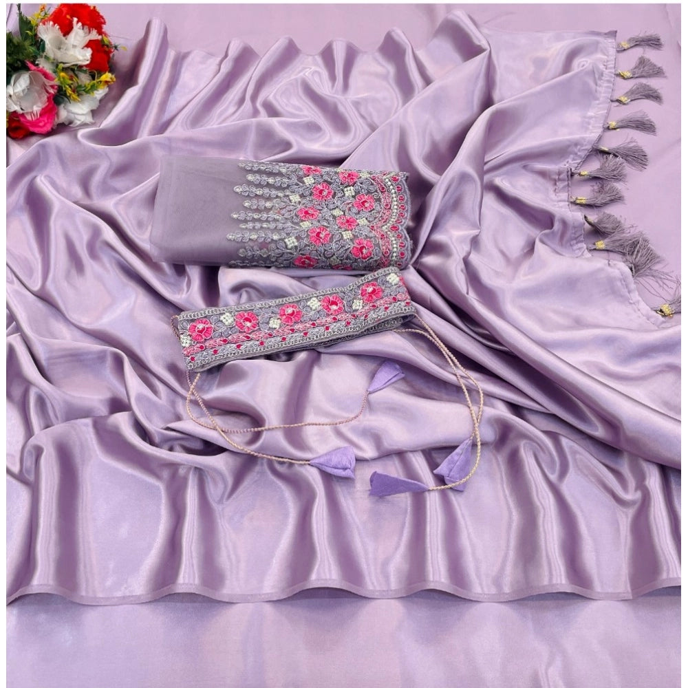 Generic Women's Satin Solid Saree With Unstitched Blouse (Purple, 5-5 Mtrs)