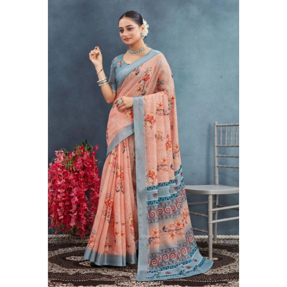 Generic Women's Linen Floral Printed Saree With Unstitched Blouse 5.5Mtr (Orange)
