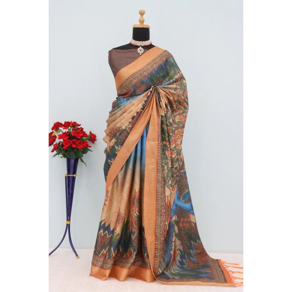 Generic Women's Mysore Silk Digital Print Saree With Unstitched Blouse 5.5Mtr (Multicolor)