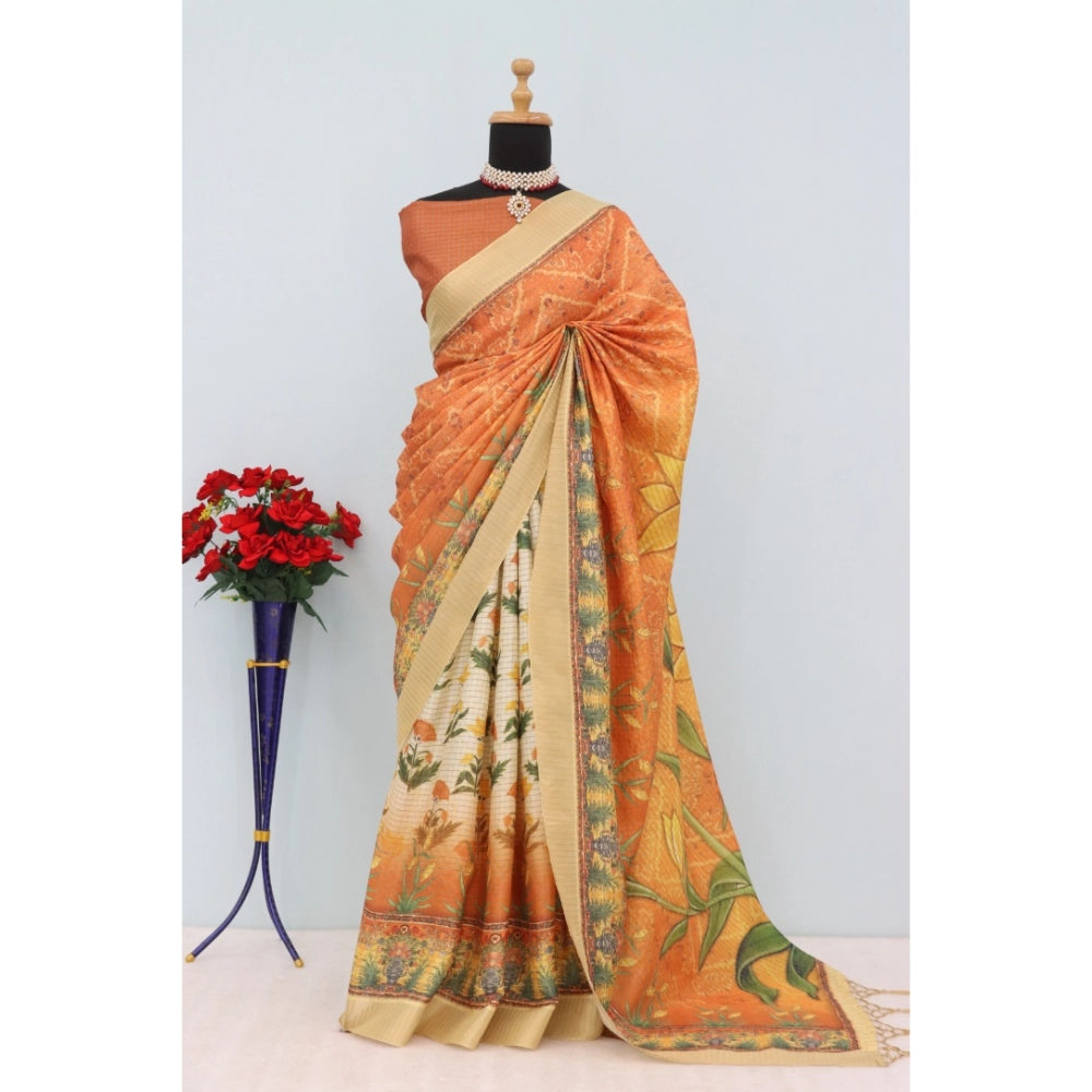 Generic Women's Mysore Silk Digital Print Saree With Unstitched Blouse 5.5Mtr (Mustard)