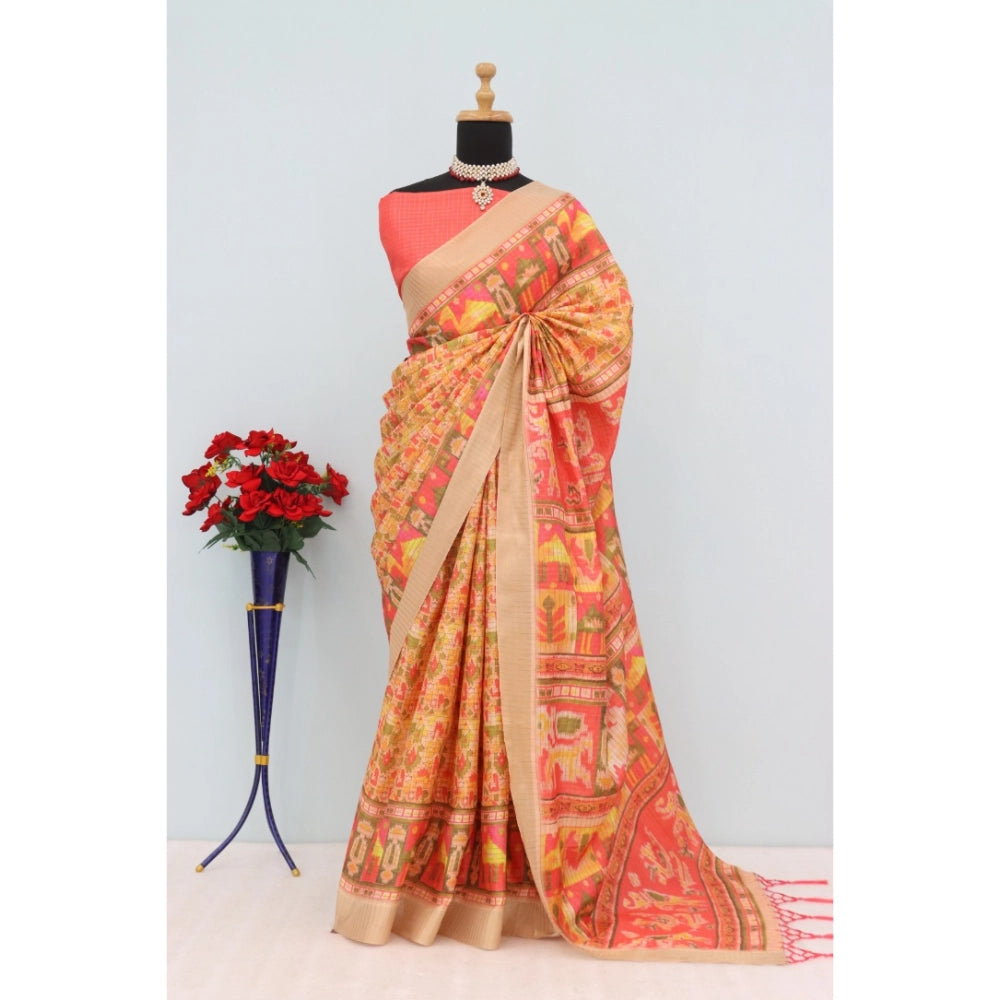 Generic Women's Mysore Silk Digital Print Saree With Unstitched Blouse 5.5Mtr (Orange)