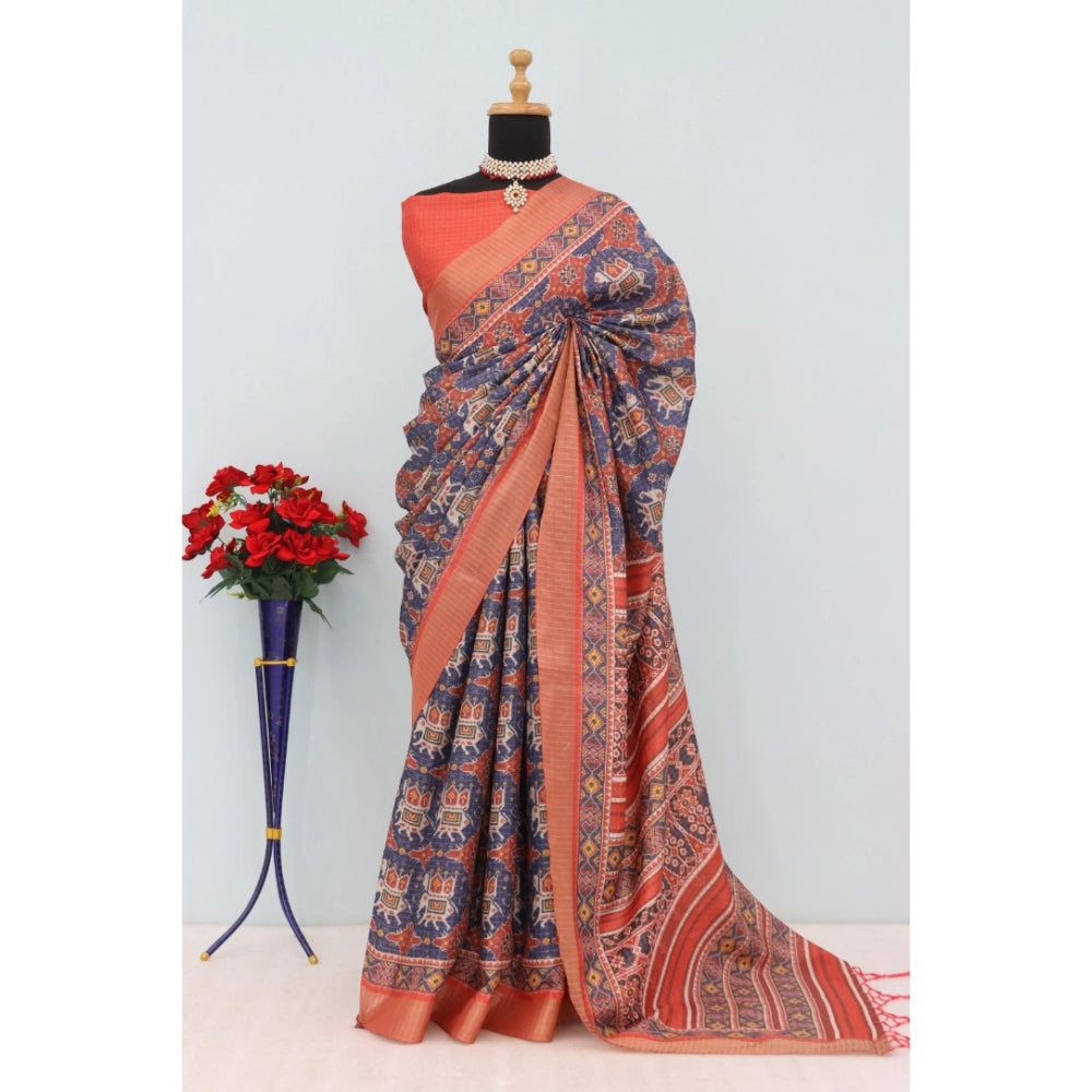 Generic Women's Mysore Silk Digital Print Saree With Unstitched Blouse 5.5Mtr (Blue)