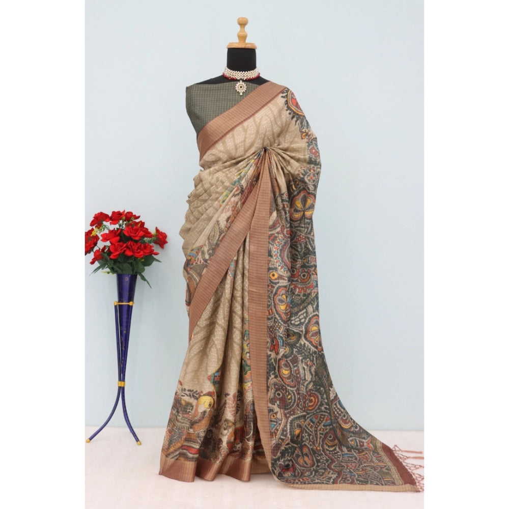 Generic Women's Mysore Silk Digital Print Saree With Unstitched Blouse 5.5Mtr (Beige)