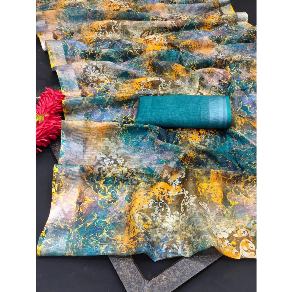 Generic Women's Cotton Linen Woven Design Saree With Unstitched Blouse 5.5Mtr (Multicolor)