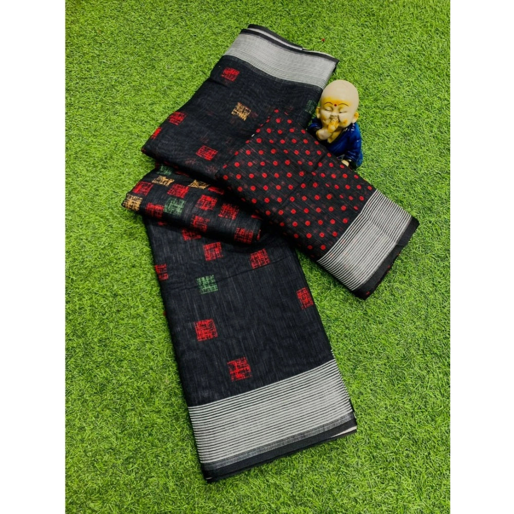 Generic Women's Cotton Linen Digital Print Saree With Unstitched Blouse 5.5Mtr (Black)