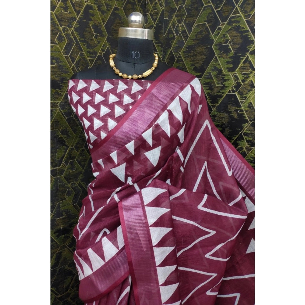 Generic Women's Cotton Linen Woven Design Saree With Unstitched Blouse 5.5Mtr (Maroon)