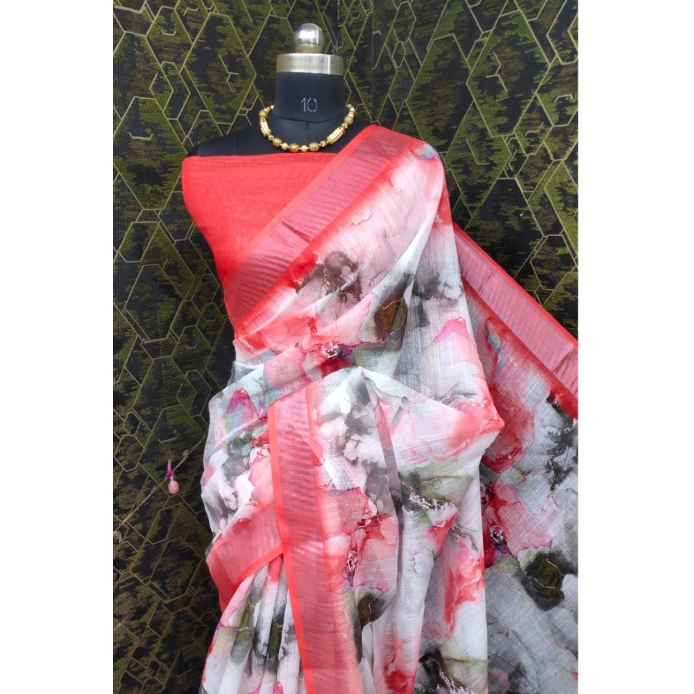 Generic Women's Cotton Linen Woven Design Saree With Unstitched Blouse 5.5Mtr (Red)