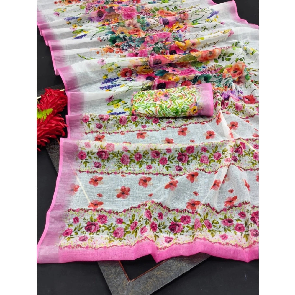Generic Women's Cotton Linen Printed Saree With Unstitched Blouse 5.5Mtr (Pink)