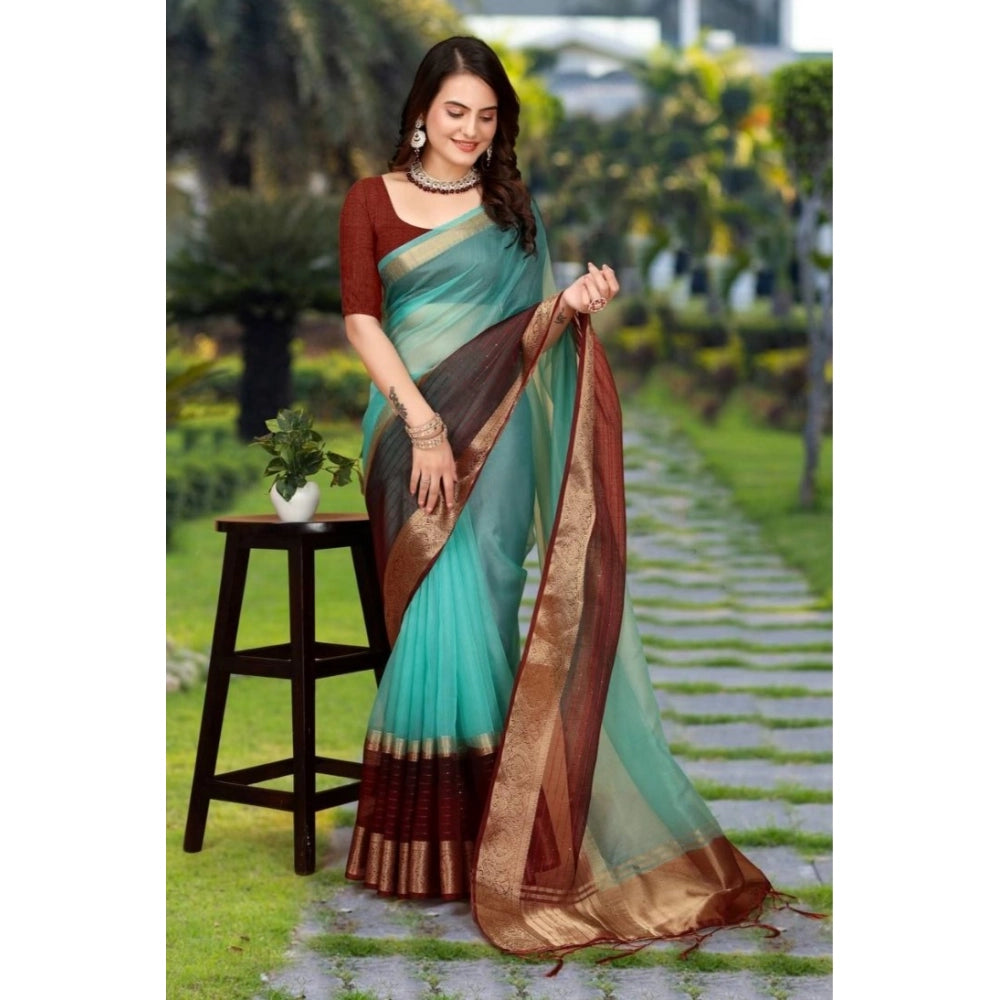 Generic Women's Khadi Cotton Solid Saree With Unstitched Blouse 5.5Mtr (Sky Blue)