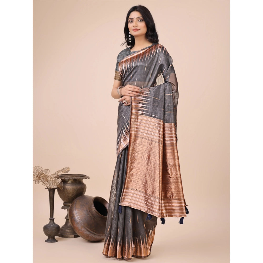 Generic Women's Linen Cotton Printed Saree With Unstitched Blouse 5.5Mtr (Grey)