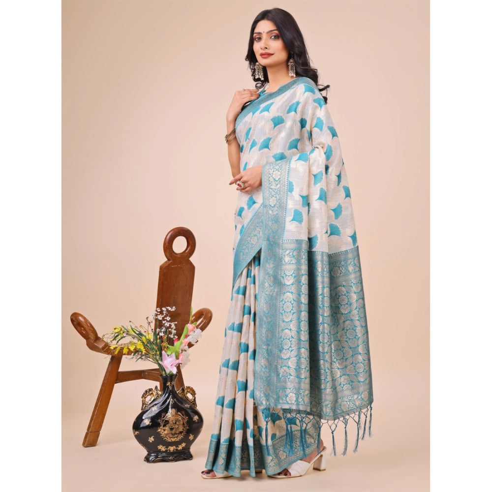 Generic Women's Linen Cotton Printed Saree With Unstitched Blouse 5.5Mtr (Teal)
