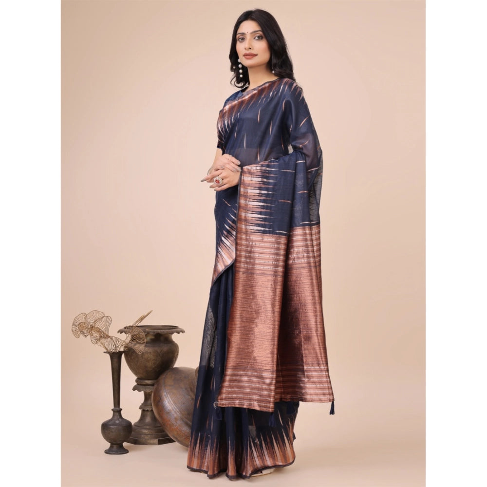 Generic Women's Linen Cotton Printed Saree With Unstitched Blouse 5.5Mtr (Navy Blue)