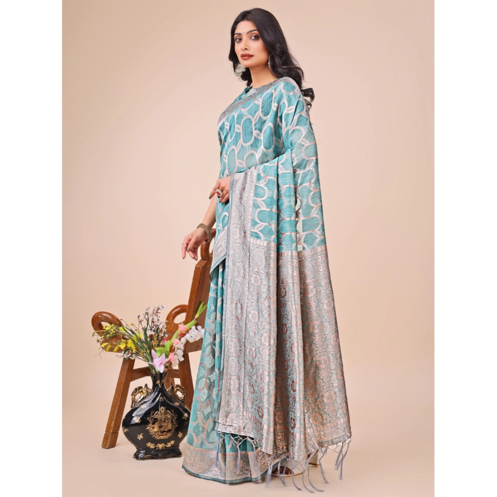 Generic Women's Linen Cotton Printed Saree With Unstitched Blouse 5.5Mtr (Teal)