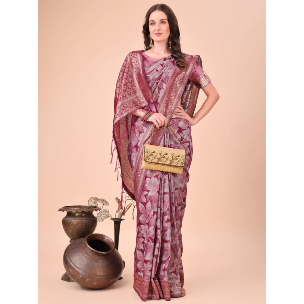 Generic Women's Cotton Printed Saree With Unstitched Blouse 5.5Mtr (Magenta)