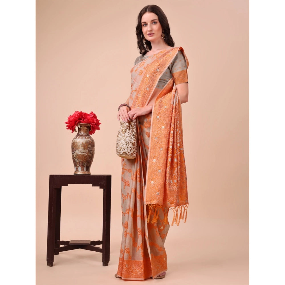 Generic Women's Cotton Printed Saree With Unstitched Blouse 5.5Mtr (Orange)