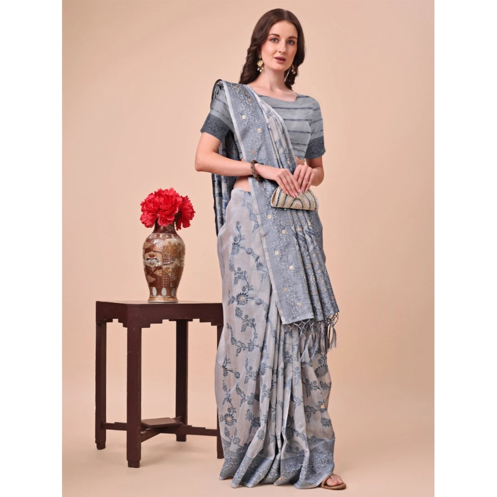 Generic Women's Cotton Printed Saree With Unstitched Blouse 5.5Mtr (Grey)