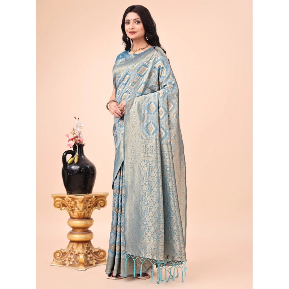 Generic Women's Cotton Printed Saree With Unstitched Blouse 5.5Mtr (Sky Blue)