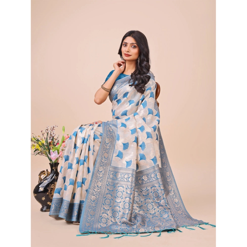 Generic Women's Linen Cotton Printed Saree With Unstitched Blouse 5.5Mtr (Sky Blue)