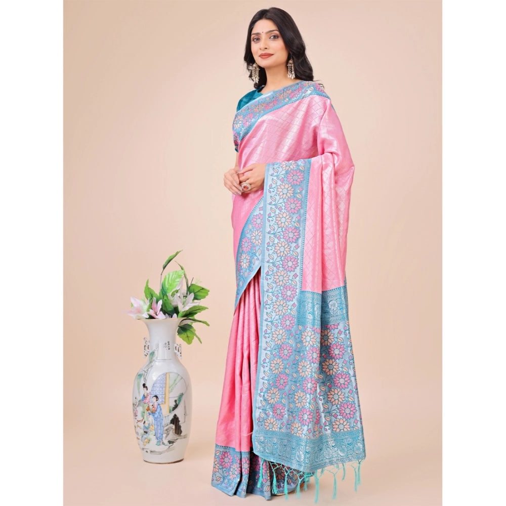 Generic Women's Lichi Silk Printed Saree With Unstitched Blouse 5.5Mtr (Pink)