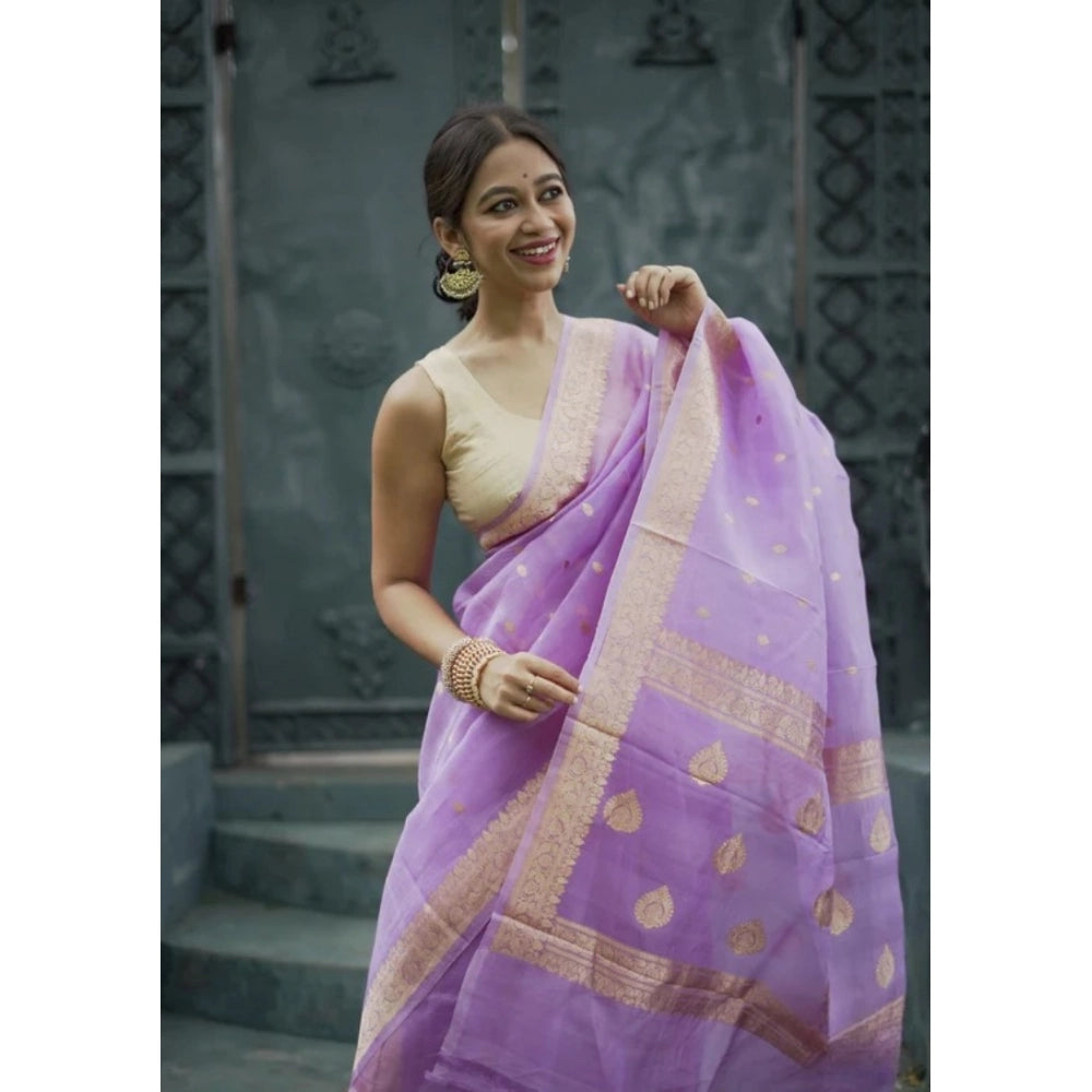 Generic Women's Cotton Printed Saree With Unstitched Blouse 5.5Mtr (Lavender)
