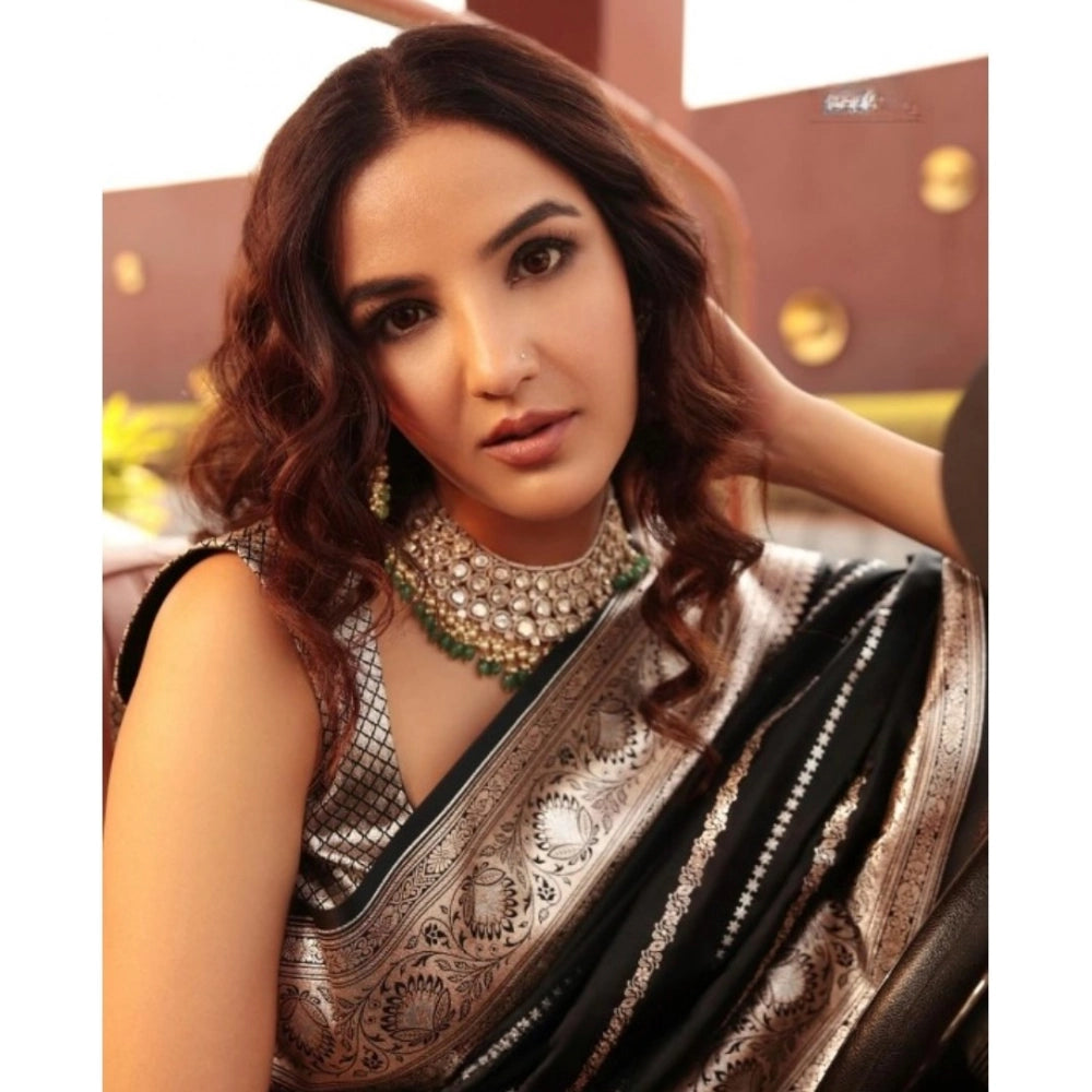 Generic Women's Silk Printed Saree With Unstitched Blouse 5.5Mtr (Black)