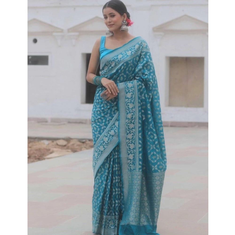 Generic Women's Silk Printed Saree With Unstitched Blouse 5.5Mtr (Sky Blue)