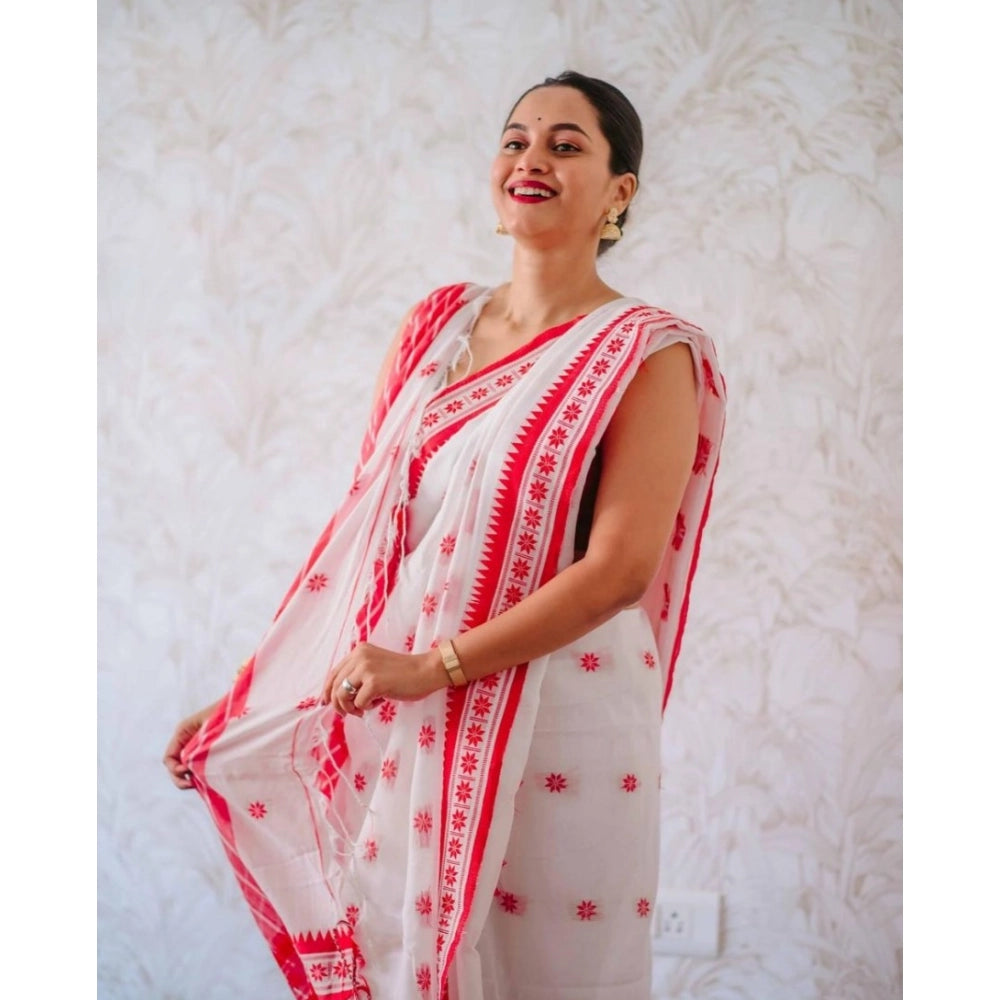 Generic Women's Cotton Printed Saree With Unstitched Blouse 5.5Mtr (White-Pink)