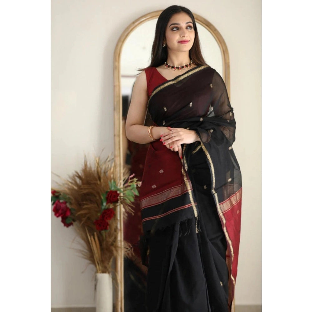 Generic Women's Cotton Printed Saree With Unstitched Blouse 5.5Mtr (Black)
